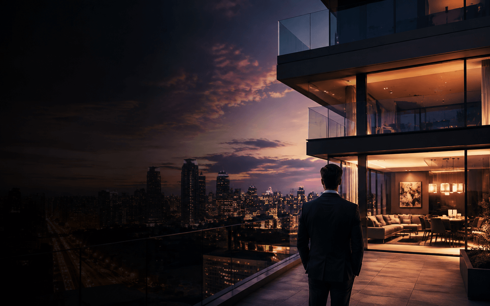 Contemporary property and city skyline at dusk